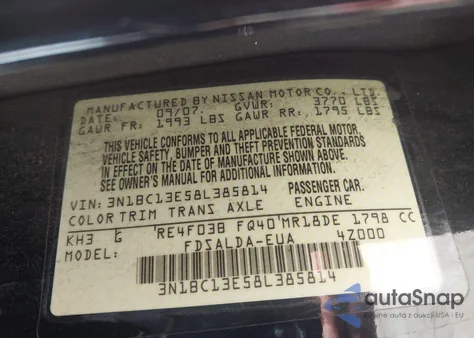 2008 Nissan Versa 1.8S z USA, uszkodzony, nr VIN 3N1BC13E58L385814